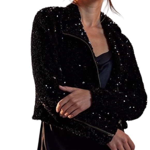 𝅺NWT Anthropologie Malia Sequined Moto Jacket Small - Picture 1 of 5